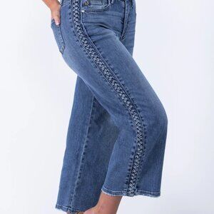 The Aurora from Judy Blue: High-Rise Braid SS Detail Crop Wide Leg Denim